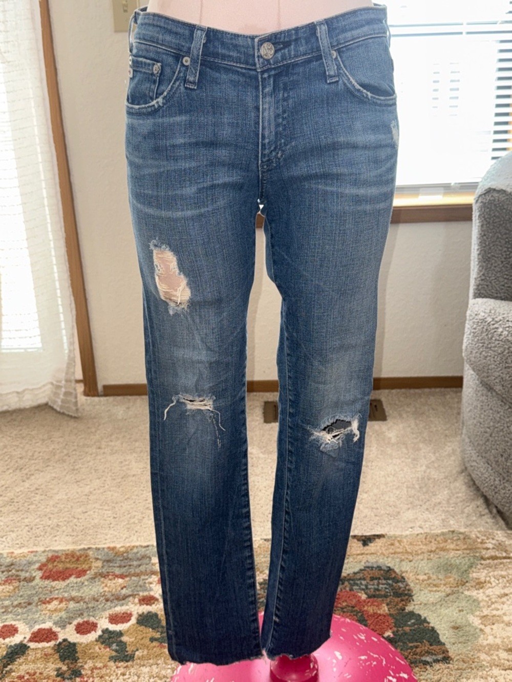 AG Mid-Blue Distressed Straight Leg Jeans